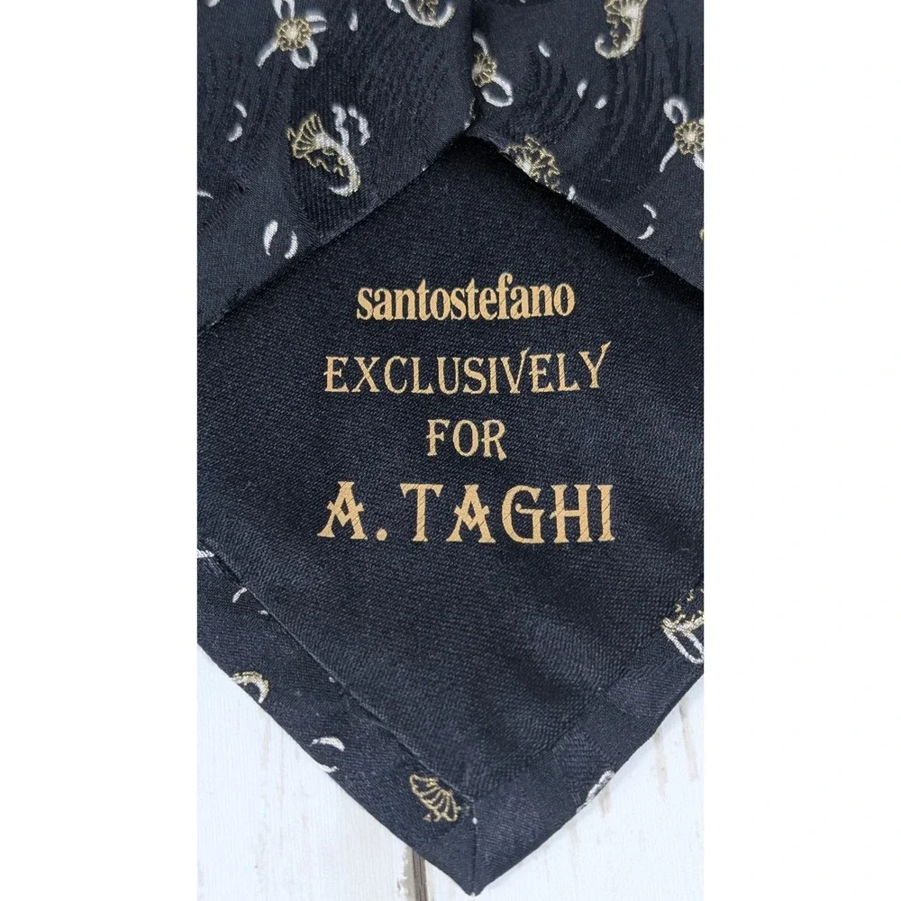 A Taghi Santostefano Men's Necktie Black Floral 100% Silk Italy‎